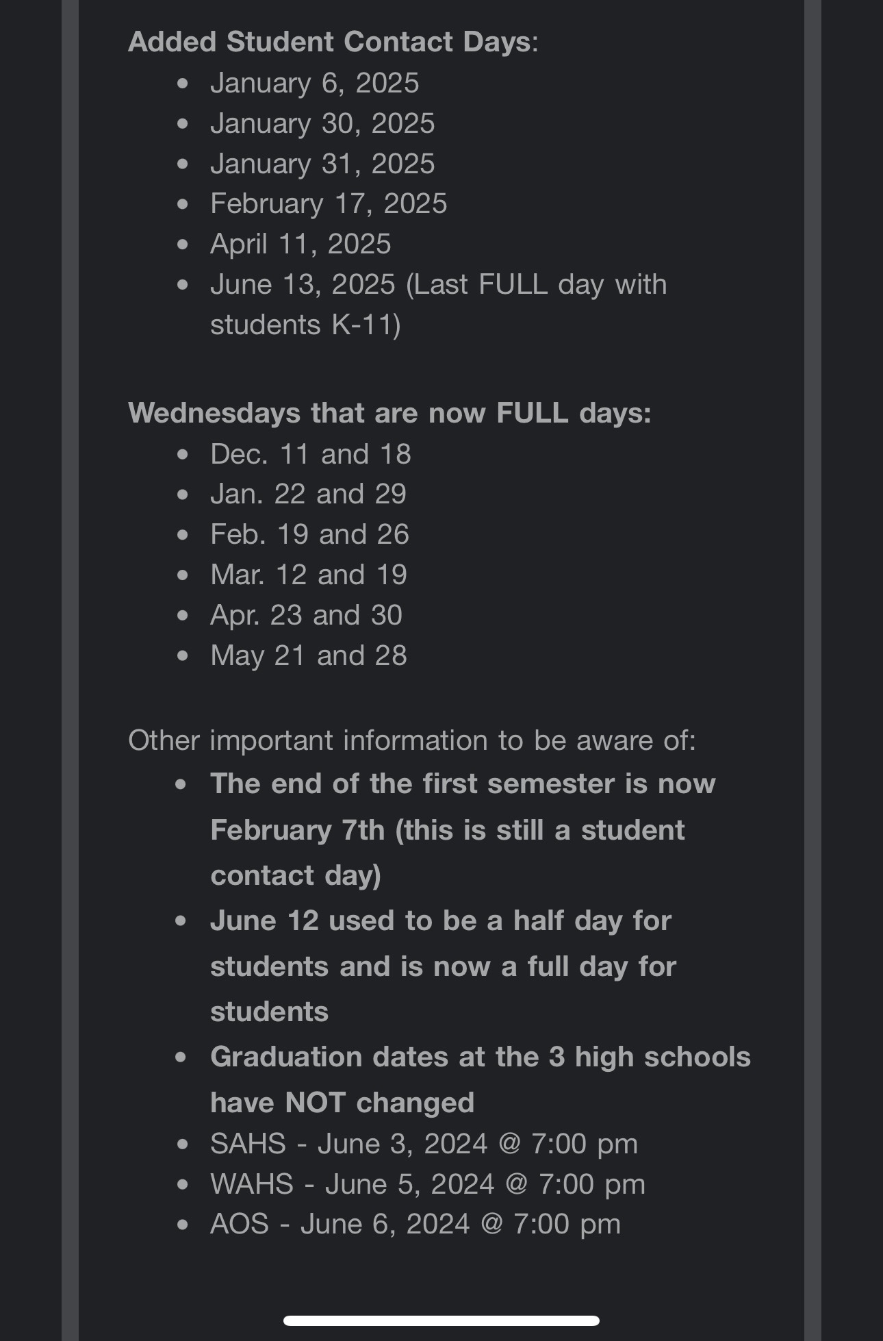 Updated School Calendar